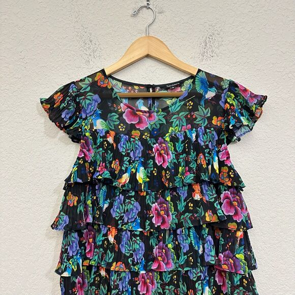 NWOT TARA JARMON Chiffon Pleated Tiered Dress in Multi Floral & Bird Print - Picture 4 of 15